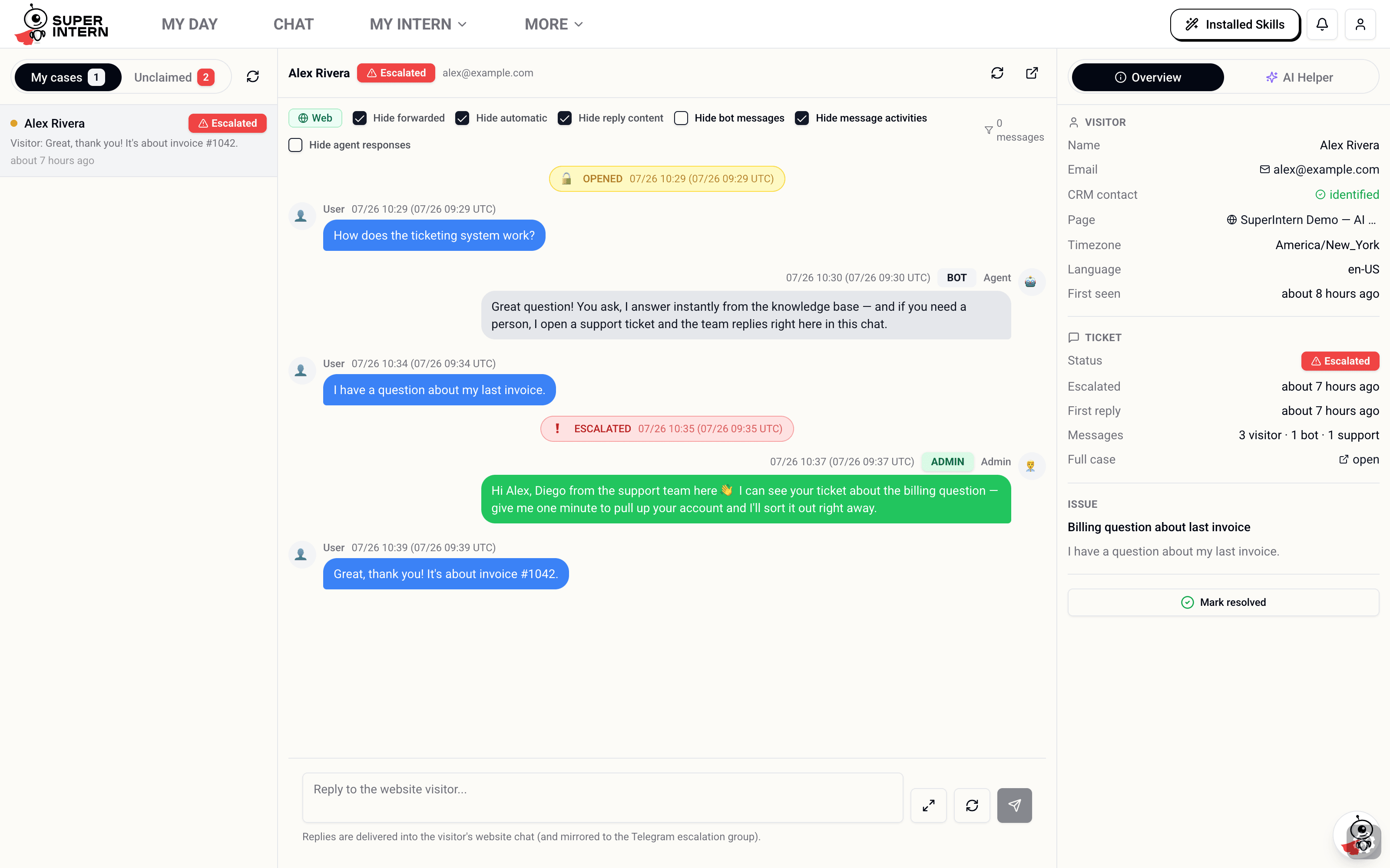 The SuperIntern workstation where admins handle escalated support cases